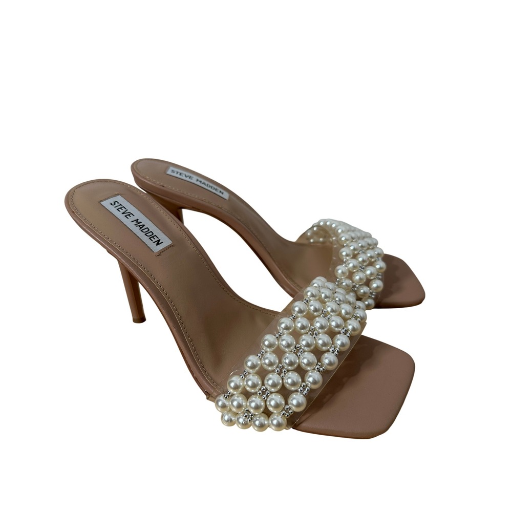 Steve Madden Sift Nude Pearl Clear Strap Stiletto Heel Mule Bridal Glam Size 10M